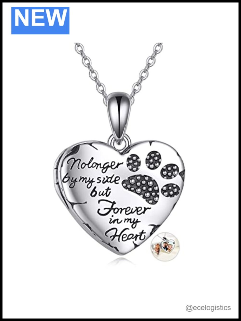 Sterling Silver Heart Paw Print Locket Necklace 18+2" Cable Chain